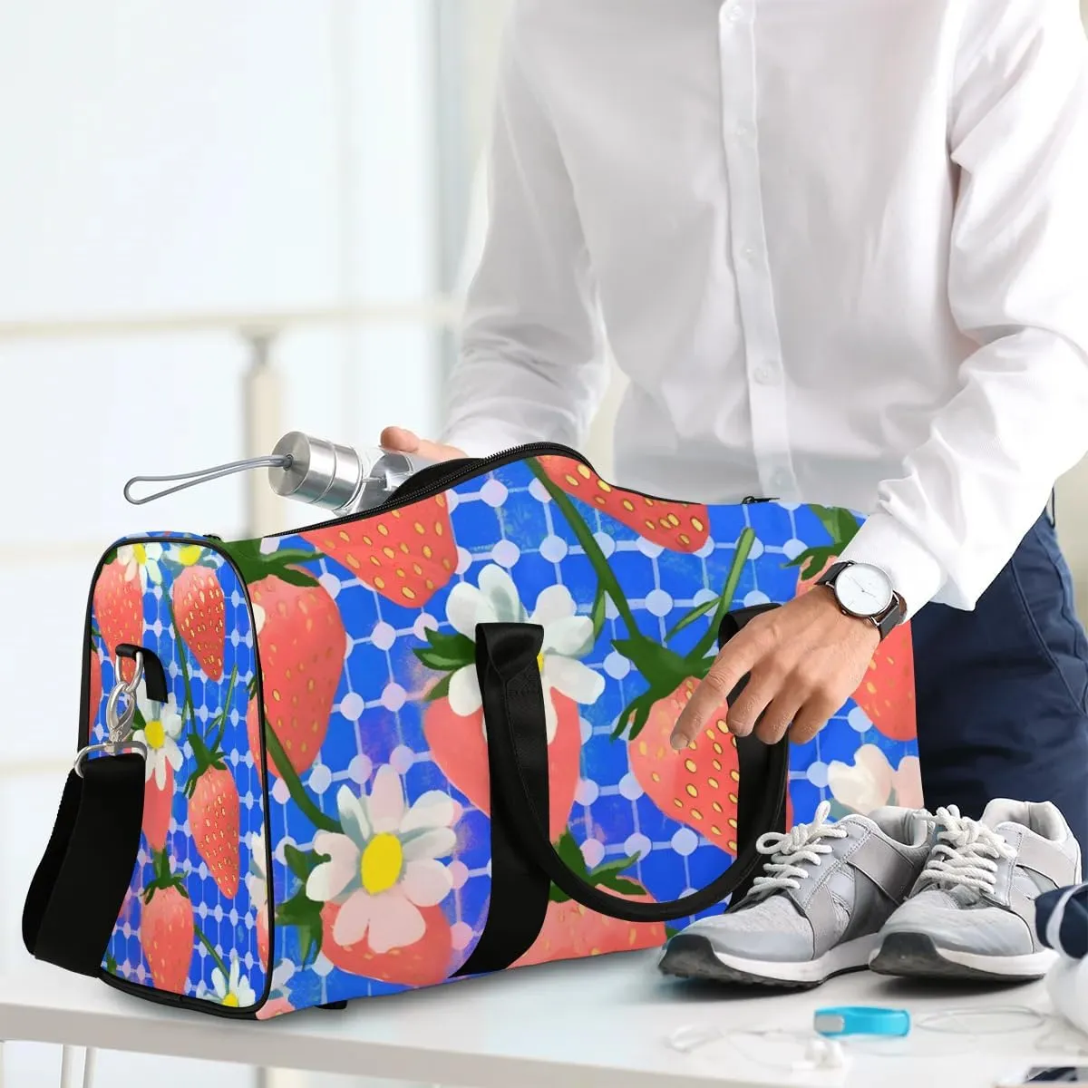 Strawberry Pattern Print Travel Duffel Bag for Women Men Waterproof Foldable Overnight Weekender Bag Large Capacity Sports Gym Bag