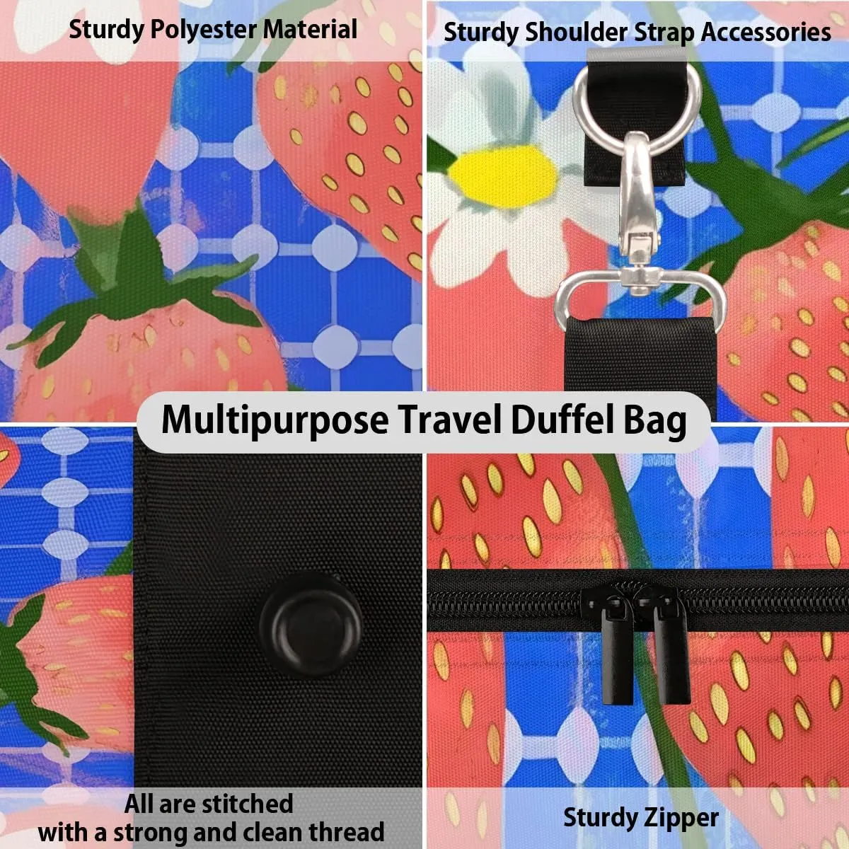 Strawberry Pattern Print Travel Duffel Bag for Women Men Waterproof Foldable Overnight Weekender Bag Large Capacity Sports Gym Bag