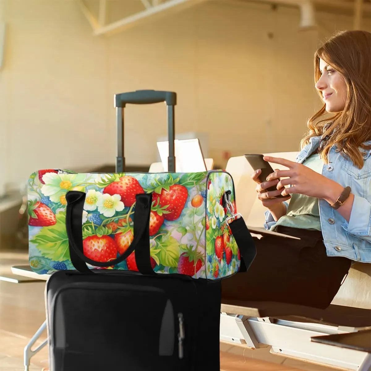 Strawberry Print Travel Duffel Bag for Women Men Waterproof Foldable Overnight Weekender Bag Large Capacity Sports Gym Bag