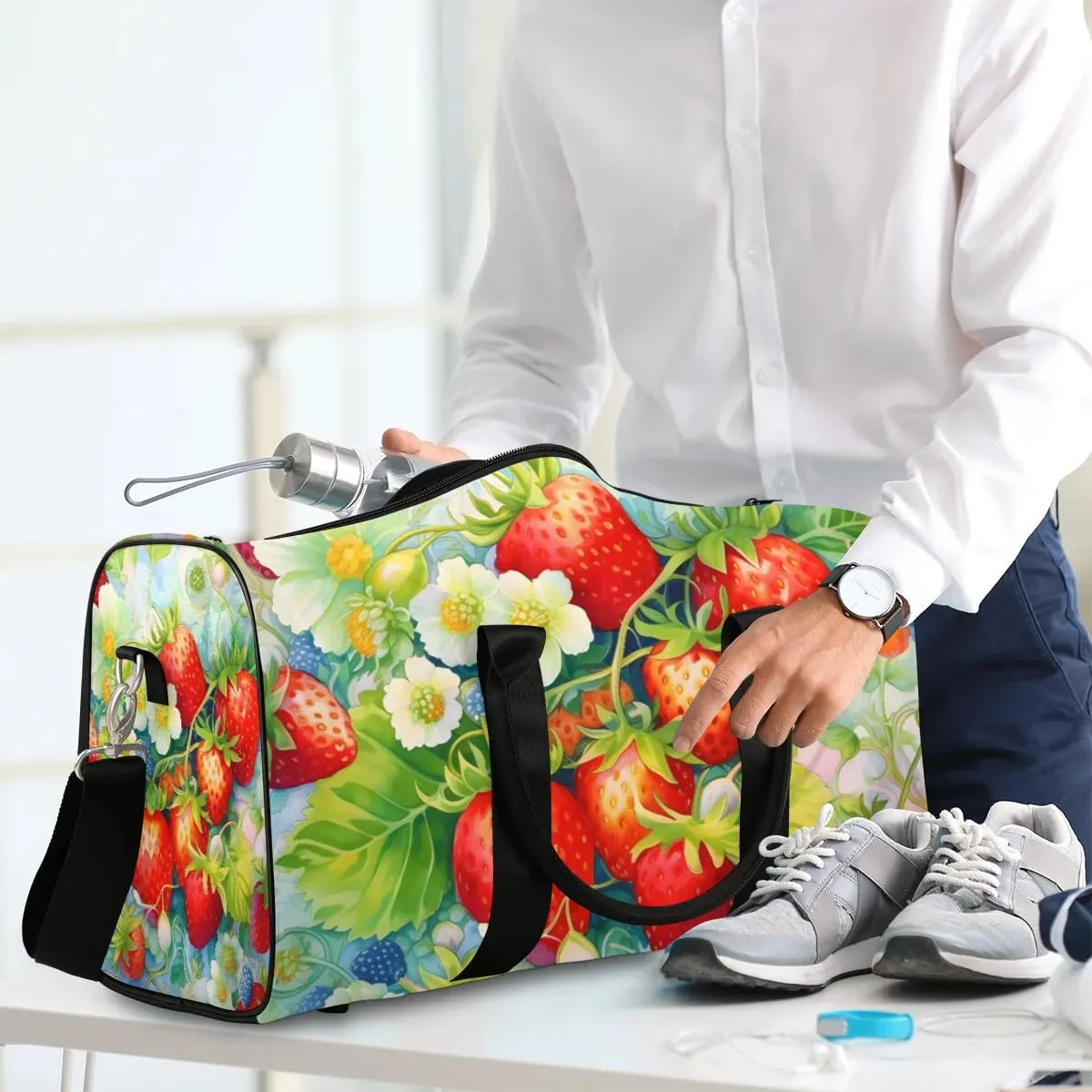 Strawberry Print Travel Duffel Bag for Women Men Waterproof Foldable Overnight Weekender Bag Large Capacity Sports Gym Bag