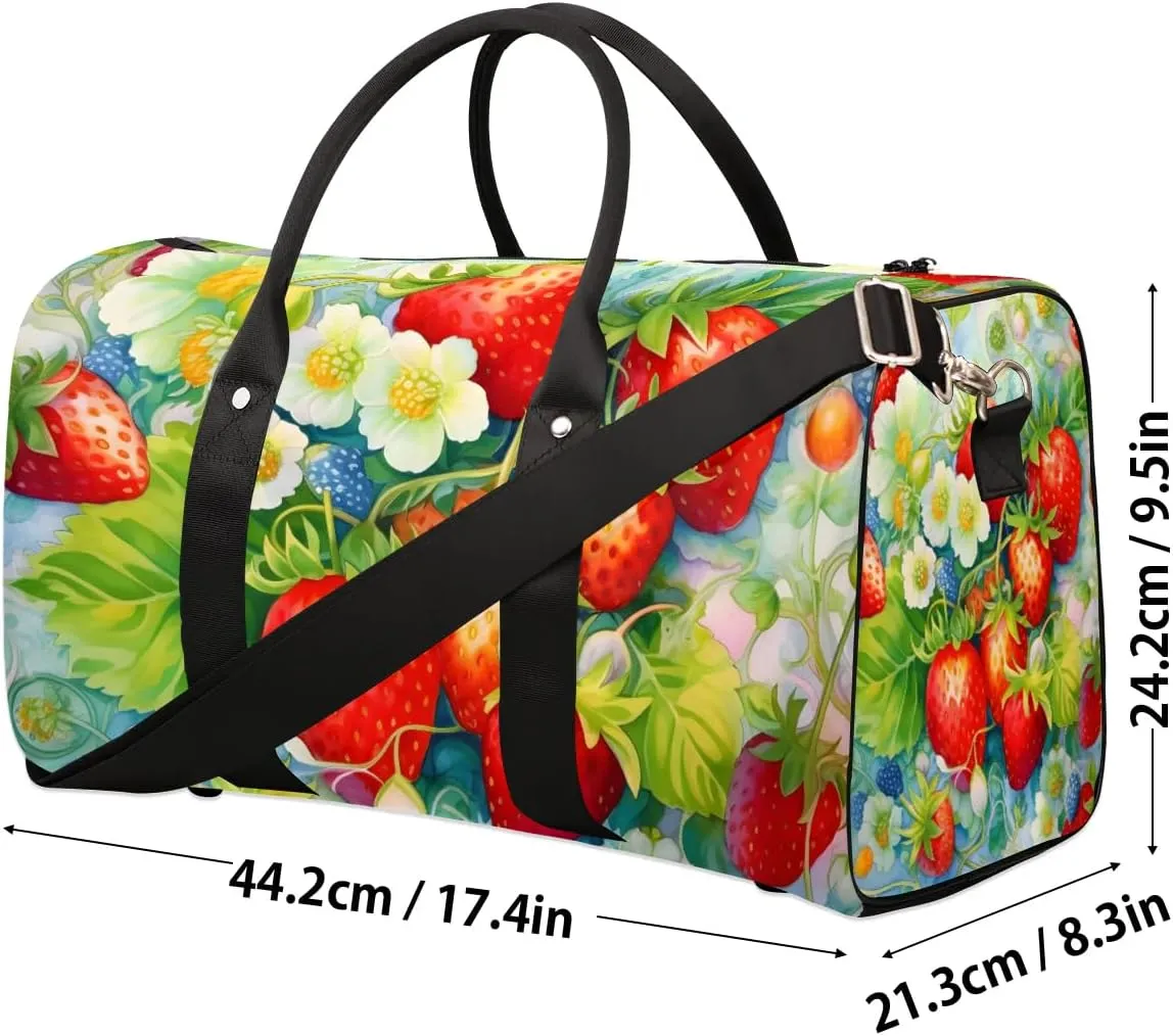 Strawberry Print Travel Duffel Bag for Women Men Waterproof Foldable Overnight Weekender Bag Large Capacity Sports Gym Bag