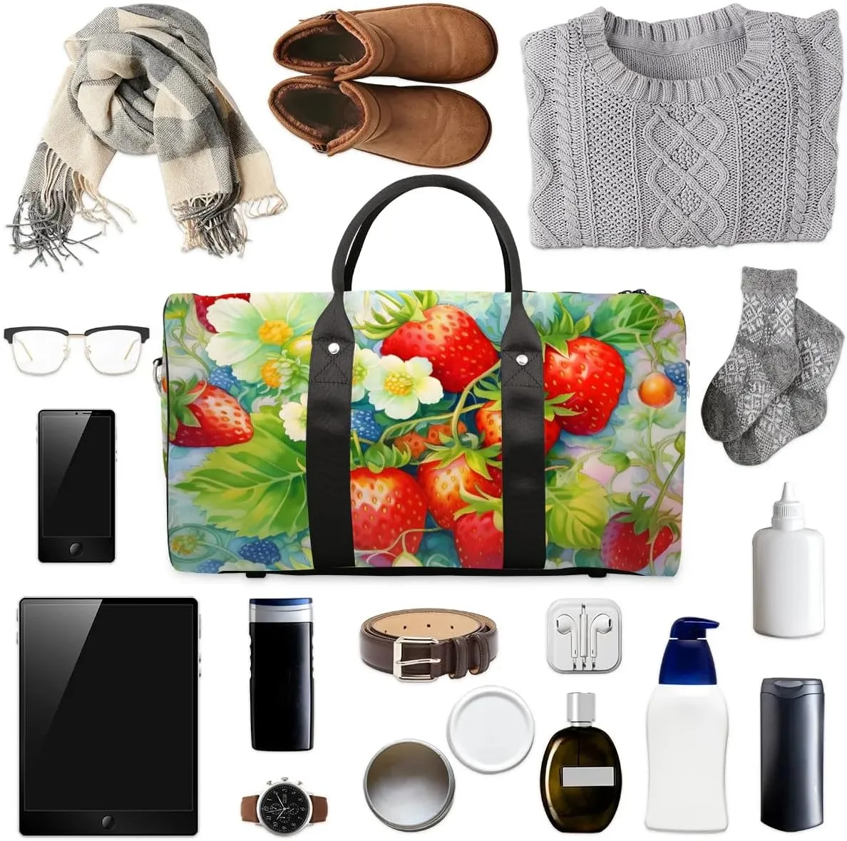 Strawberry Print Travel Duffel Bag for Women Men Waterproof Foldable Overnight Weekender Bag Large Capacity Sports Gym Bag