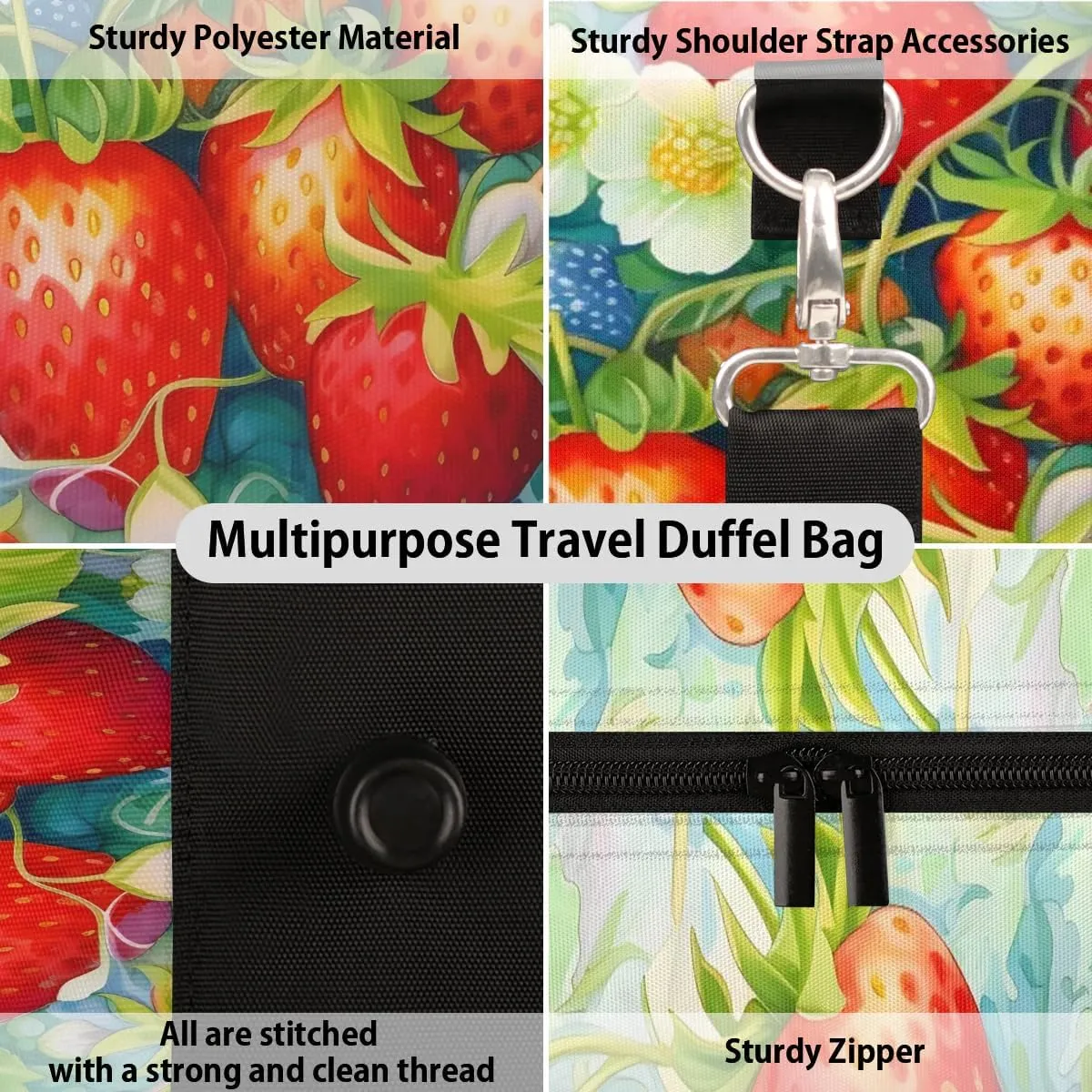 Strawberry Print Travel Duffel Bag for Women Men Waterproof Foldable Overnight Weekender Bag Large Capacity Sports Gym Bag