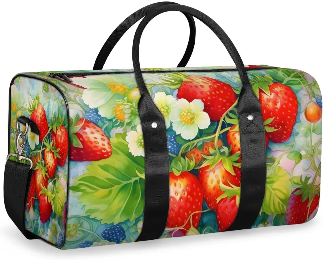 Strawberry Print Travel Duffel Bag for Women Men Waterproof Foldable Overnight Weekender Bag Large Capacity Sports Gym Bag