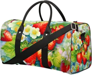 Strawberry Print Travel Duffel Bag for Women Men Waterproof Foldable Overnight Weekender Bag Large Capacity Sports Gym Bag