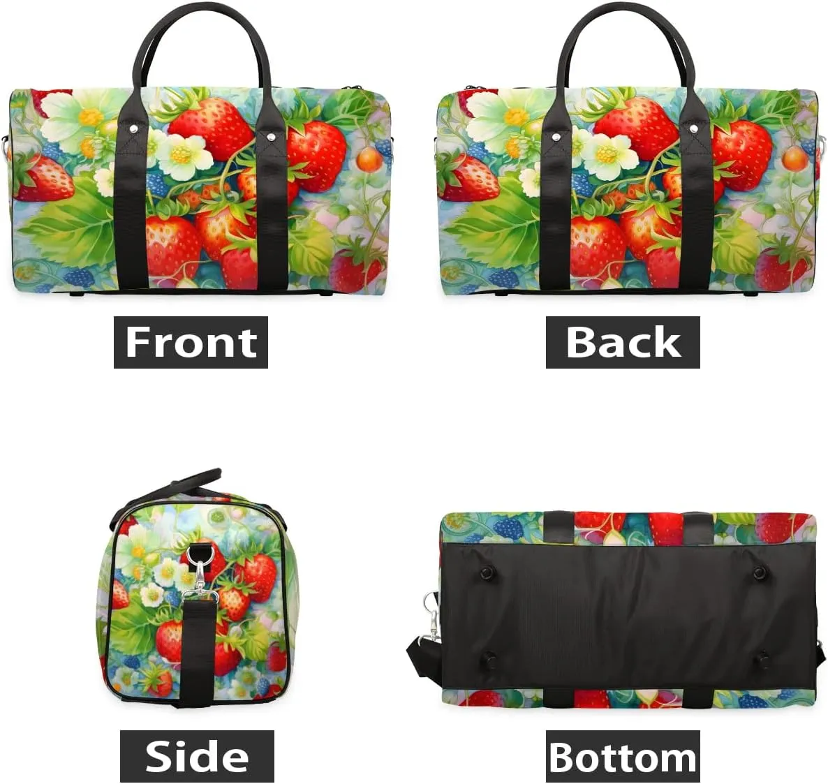 Strawberry Print Travel Duffel Bag for Women Men Waterproof Foldable Overnight Weekender Bag Large Capacity Sports Gym Bag