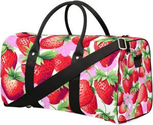 Strawberry Theme Travel Duffel Bag for Women Men Waterproof Foldable Overnight Weekender Bag Large Capacity Sports Gym Bag