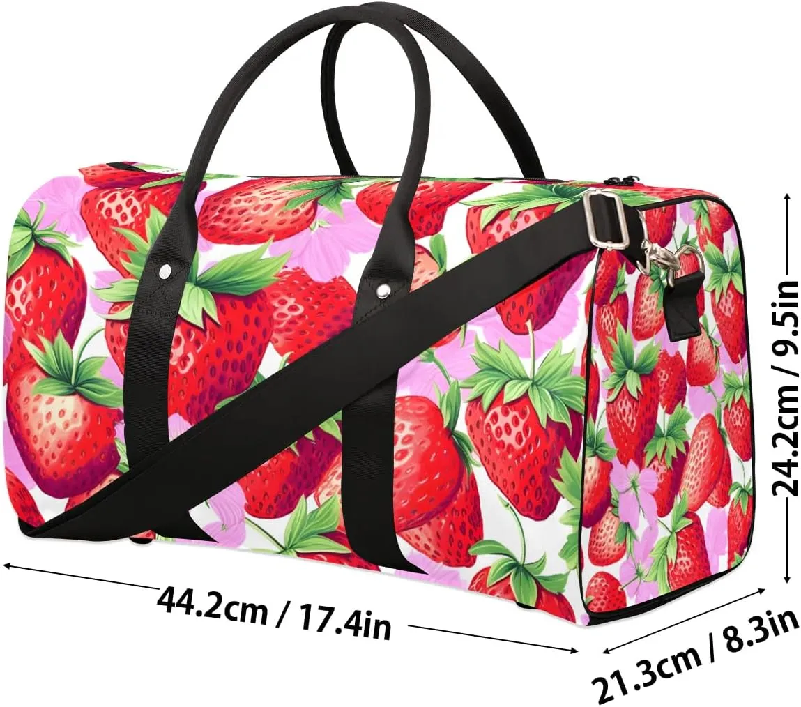 Strawberry Theme Travel Duffel Bag for Women Men Waterproof Foldable Overnight Weekender Bag Large Capacity Sports Gym Bag