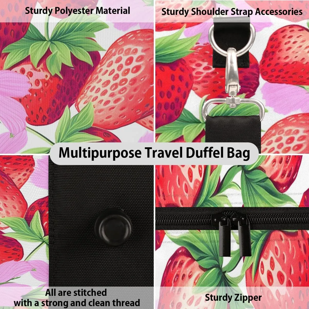 Strawberry Theme Travel Duffel Bag for Women Men Waterproof Foldable Overnight Weekender Bag Large Capacity Sports Gym Bag