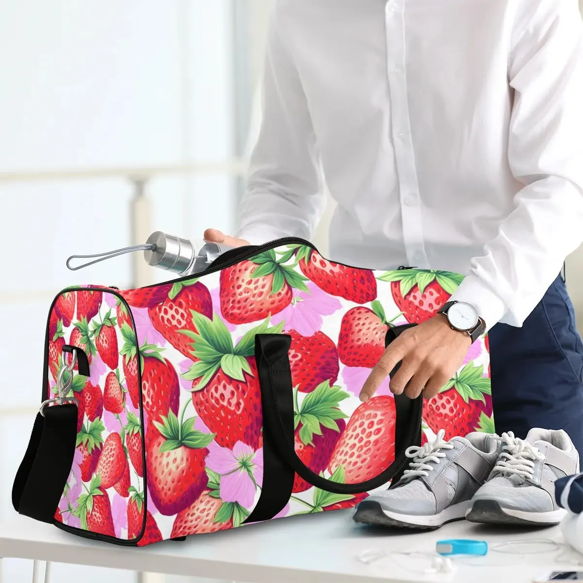 Strawberry Theme Travel Duffel Bag for Women Men Waterproof Foldable Overnight Weekender Bag Large Capacity Sports Gym Bag