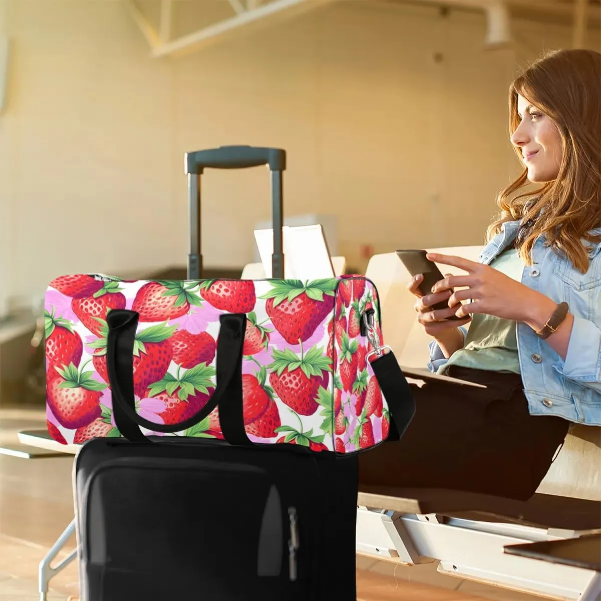 Strawberry Theme Travel Duffel Bag for Women Men Waterproof Foldable Overnight Weekender Bag Large Capacity Sports Gym Bag