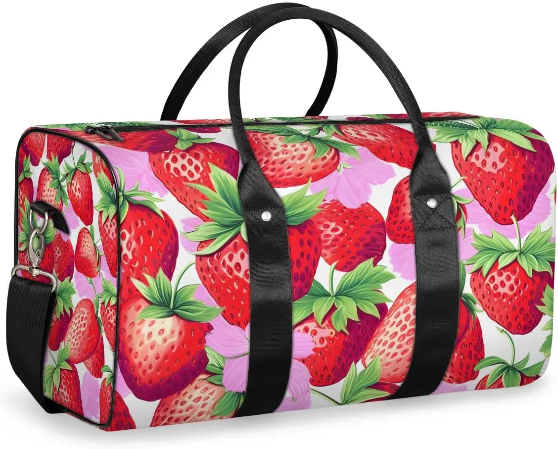 Strawberry Theme Travel Duffel Bag for Women Men Waterproof Foldable Overnight Weekender Bag Large Capacity Sports Gym Bag