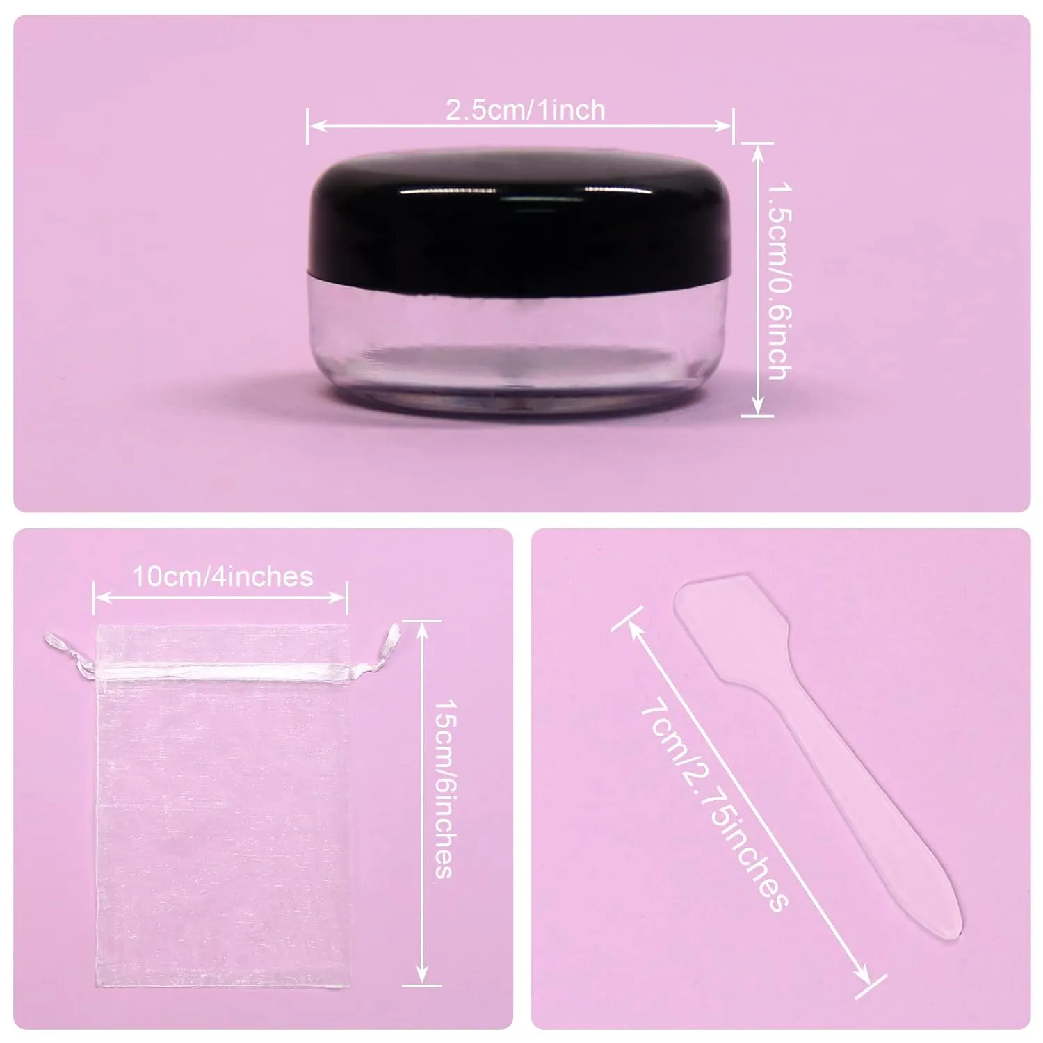 SumDirect 5 Gram Cosmetic Containers - 100Pcs Sample Jars with Lids, Small Plastic Makeup Sample Containers with 10Pcs Organza Bags and a Scoop