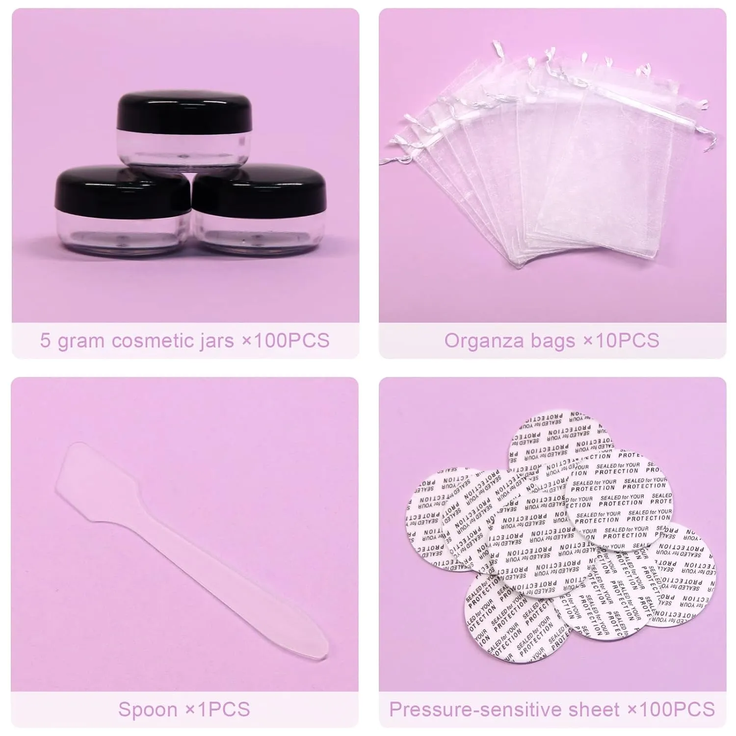 SumDirect 5 Gram Cosmetic Containers - 100Pcs Sample Jars with Lids, Small Plastic Makeup Sample Containers with 10Pcs Organza Bags and a Scoop