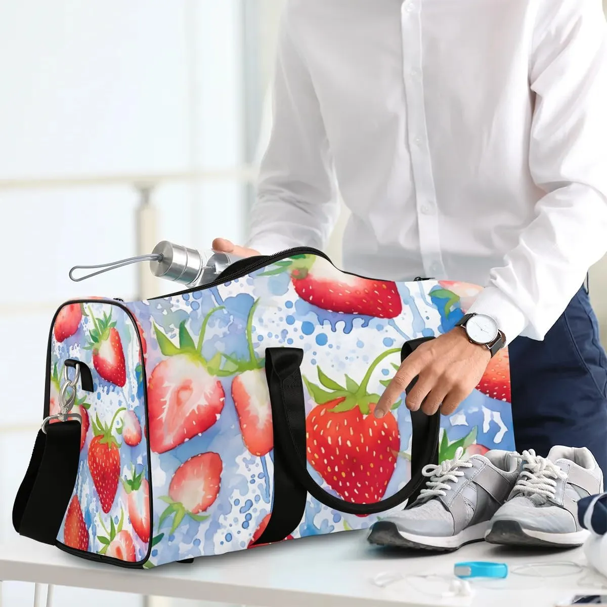 Summer Fruits Strawberry Travel Duffel Bag for Women Men Waterproof Foldable Overnight Weekender Bag Large Capacity Sports Gym Bag
