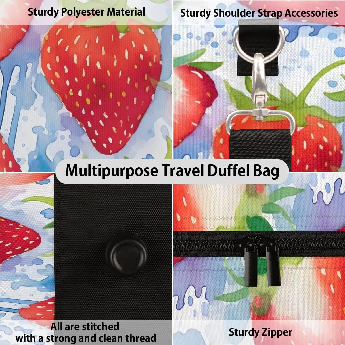 Summer Fruits Strawberry Travel Duffel Bag for Women Men Waterproof Foldable Overnight Weekender Bag Large Capacity Sports Gym Bag
