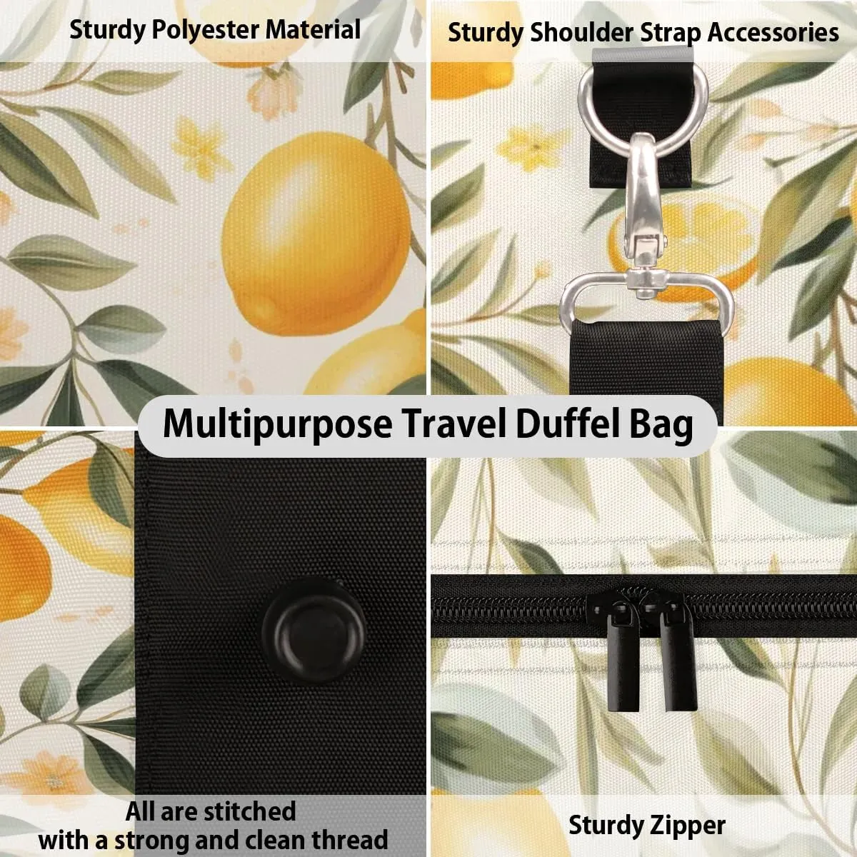 Summer Lemon Leaves Travel Duffel Bag for Women Men Waterproof Foldable Overnight Weekender Bag Large Capacity Sports Gym Bag