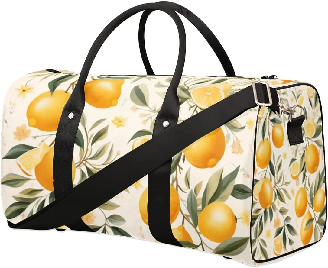 Summer Lemon Leaves Travel Duffel Bag for Women Men Waterproof Foldable Overnight Weekender Bag Large Capacity Sports Gym Bag