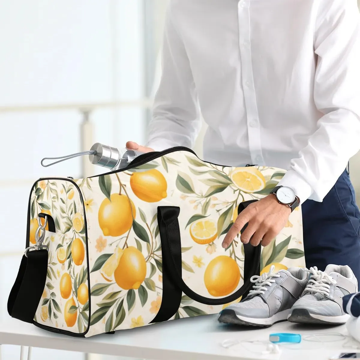 Summer Lemon Leaves Travel Duffel Bag for Women Men Waterproof Foldable Overnight Weekender Bag Large Capacity Sports Gym Bag