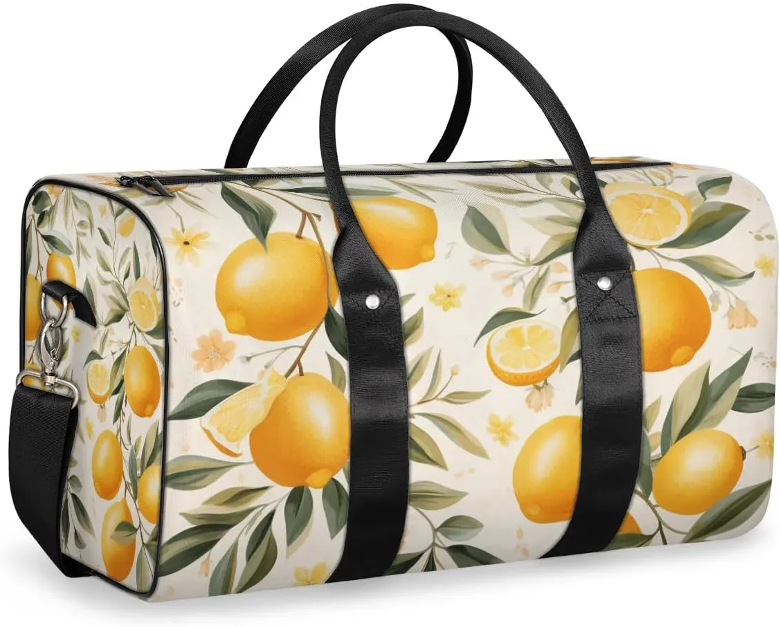Summer Lemon Leaves Travel Duffel Bag for Women Men Waterproof Foldable Overnight Weekender Bag Large Capacity Sports Gym Bag