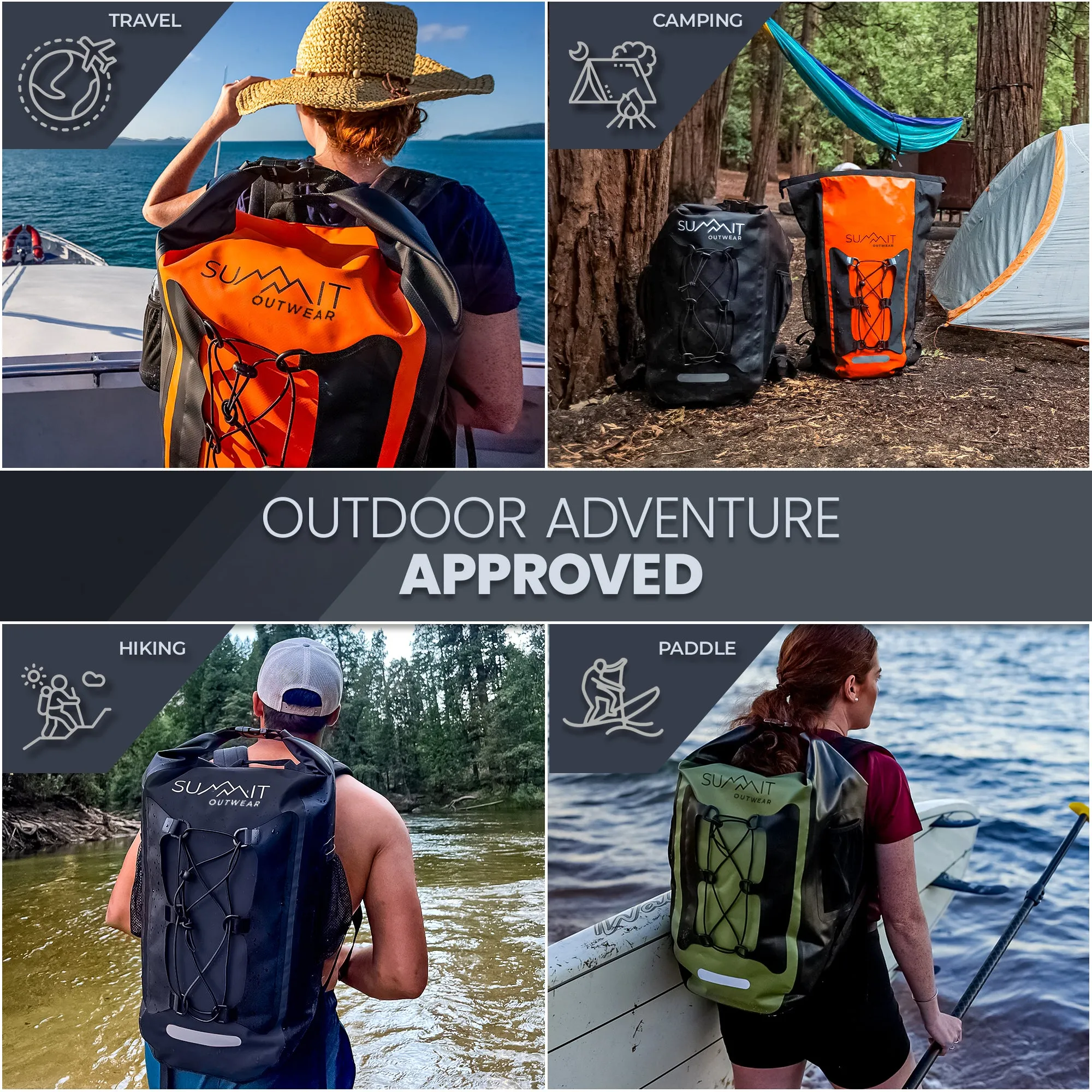 Summit Outwear Waterproof Backpack, Dry Bag Backpack for Men and Women with Roll Top Closure, Cushioned Back Panel, Large Dry Sack With Water Bottle Pocket 35 Liters (Green)