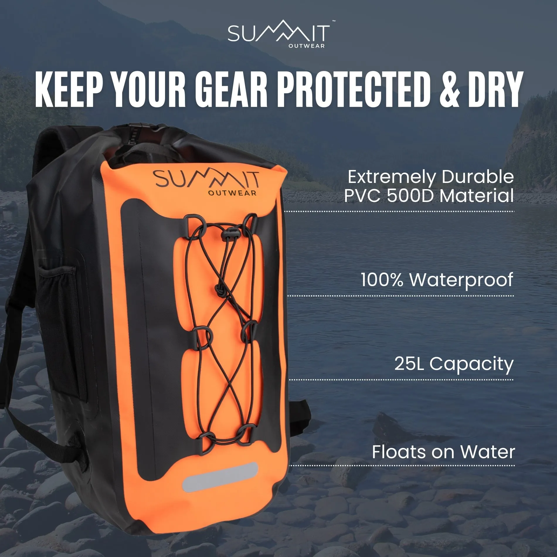 Summit Outwear Waterproof Backpack, Dry Bag Backpack for Men and Women with Roll Top Closure, Cushioned Back Panel, Large Dry Sack With Water Bottle Pocket 35 Liters (Green)
