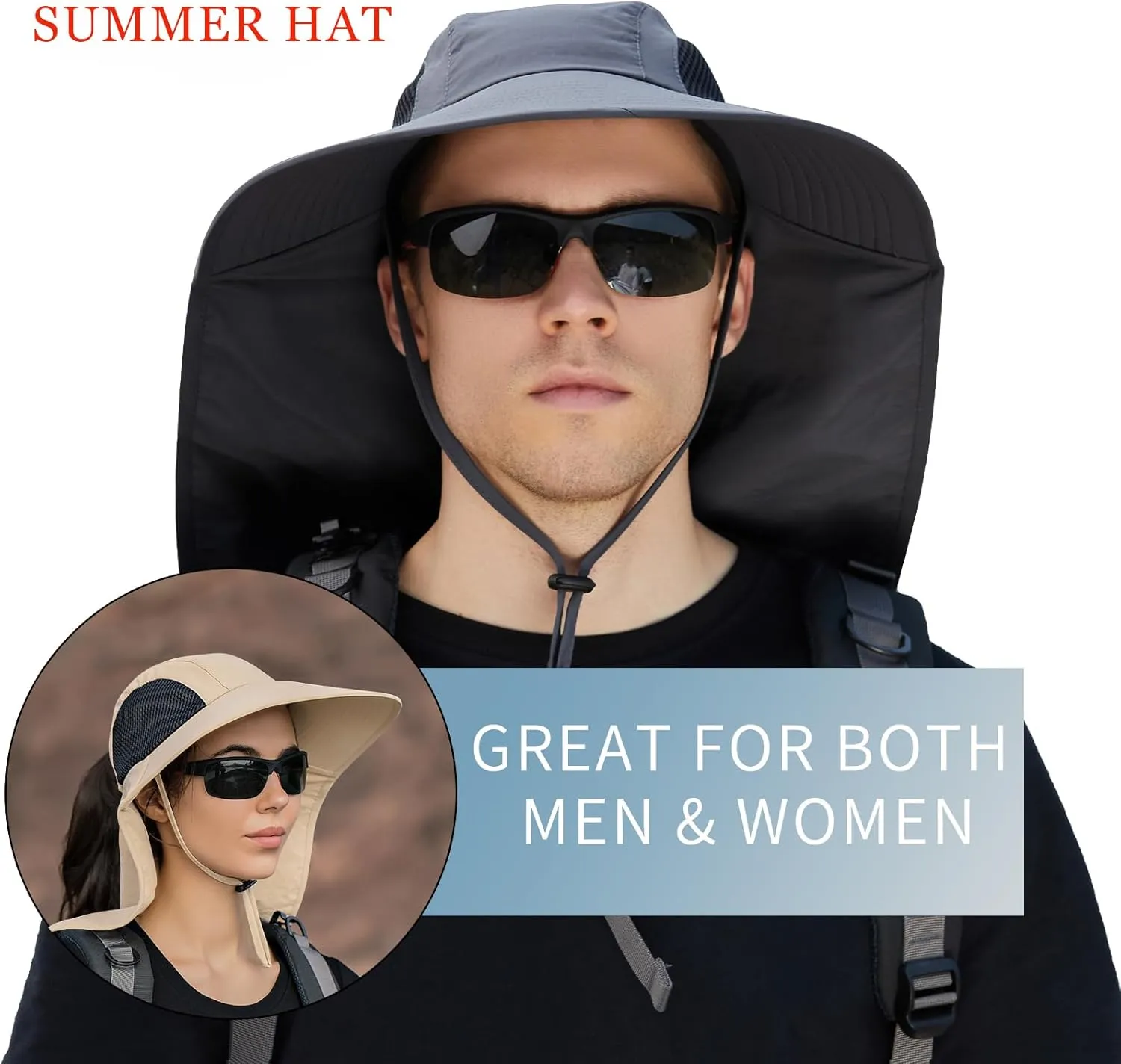 Sun Hat for Men Women with Neck Flap,UPF 50  UV Protective Hiking Fishing Hats,Wide Brim Sun Hat for Women&Men