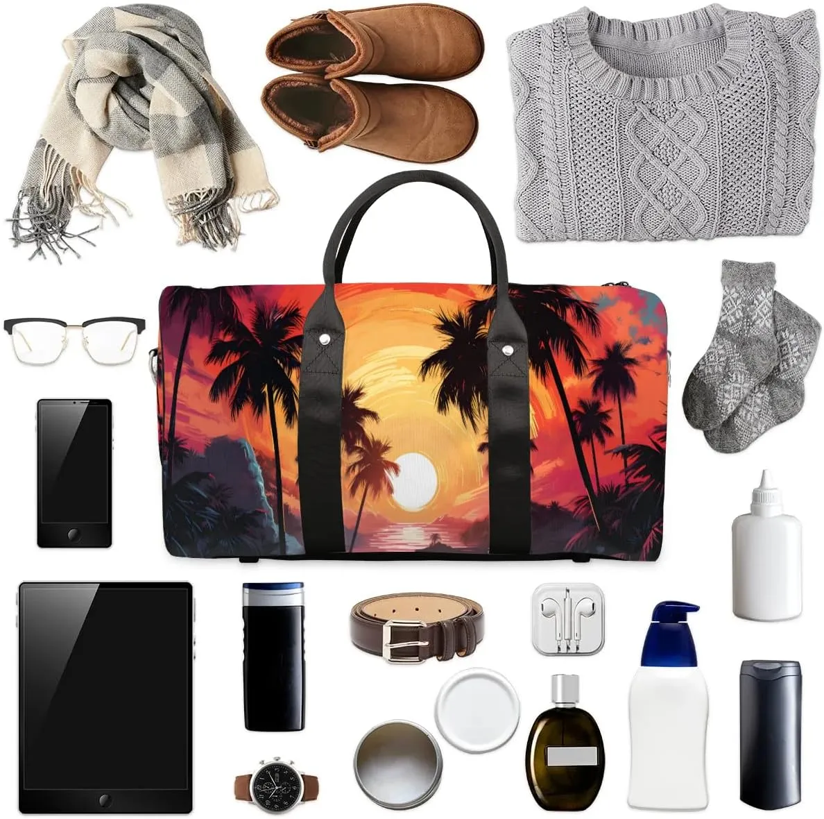 Sunset Palm Tree Travel Duffel Bag for Women Men Waterproof Foldable Overnight Weekender Bag Large Capacity Sports Gym Bag