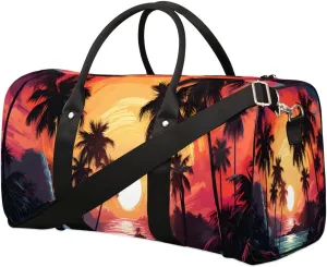 Sunset Palm Tree Travel Duffel Bag for Women Men Waterproof Foldable Overnight Weekender Bag Large Capacity Sports Gym Bag
