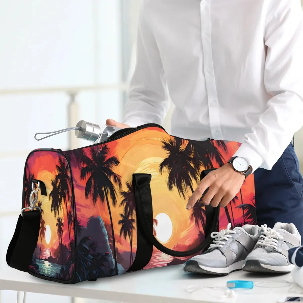 Sunset Palm Tree Travel Duffel Bag for Women Men Waterproof Foldable Overnight Weekender Bag Large Capacity Sports Gym Bag