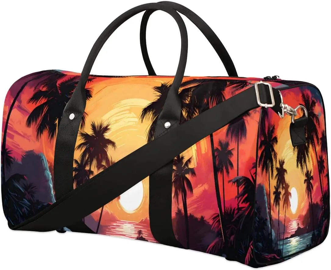 Sunset Palm Tree Travel Duffel Bag for Women Men Waterproof Foldable Overnight Weekender Bag Large Capacity Sports Gym Bag