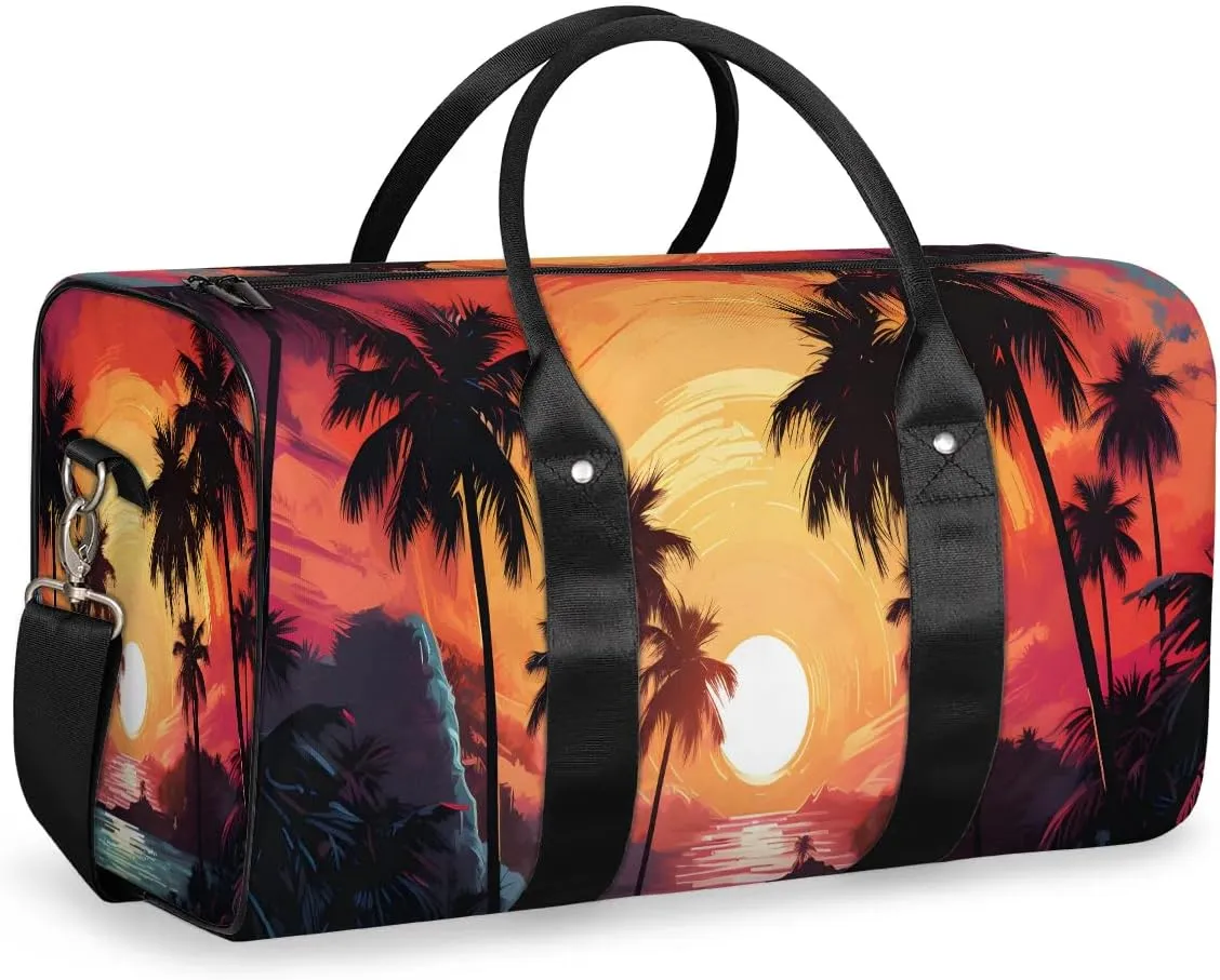 Sunset Palm Tree Travel Duffel Bag for Women Men Waterproof Foldable Overnight Weekender Bag Large Capacity Sports Gym Bag