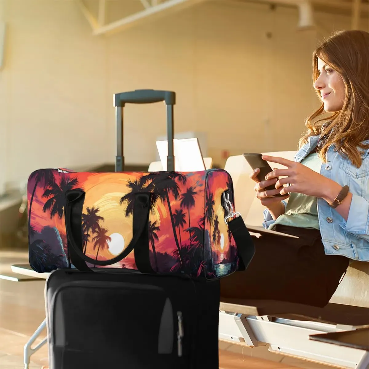Sunset Palm Tree Travel Duffel Bag for Women Men Waterproof Foldable Overnight Weekender Bag Large Capacity Sports Gym Bag