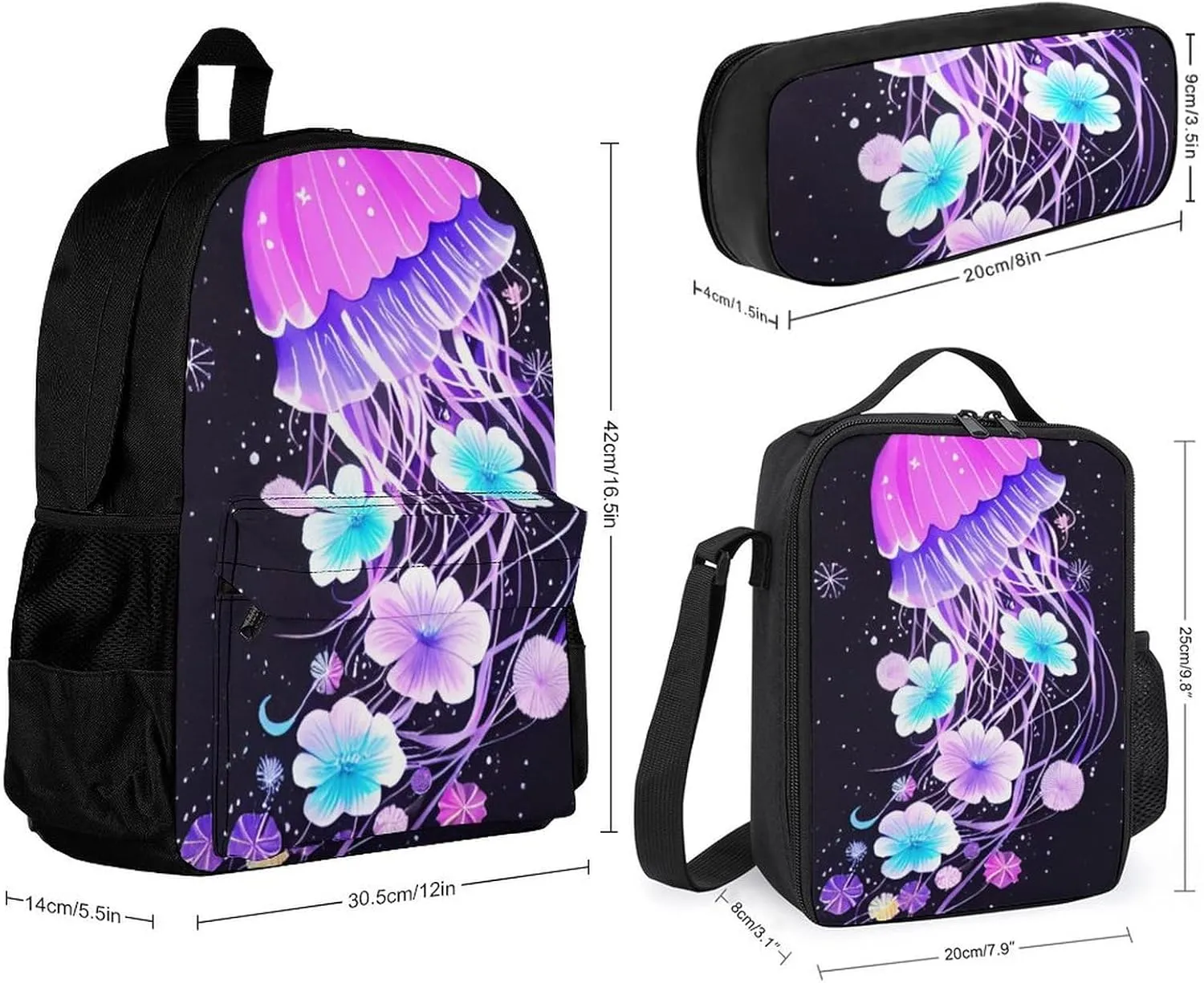 Supdreamc Backpack Sets Daypack Big Capacity Carry On Bag Backpack   Lunch Bag   Pencil Case - Magic Flowers Ocean The Jellyfish Pattern Hiking Backpack for Adult