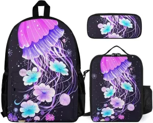 Supdreamc Backpack Sets Daypack Big Capacity Carry On Bag Backpack   Lunch Bag   Pencil Case - Magic Flowers Ocean The Jellyfish Pattern Hiking Backpack for Adult