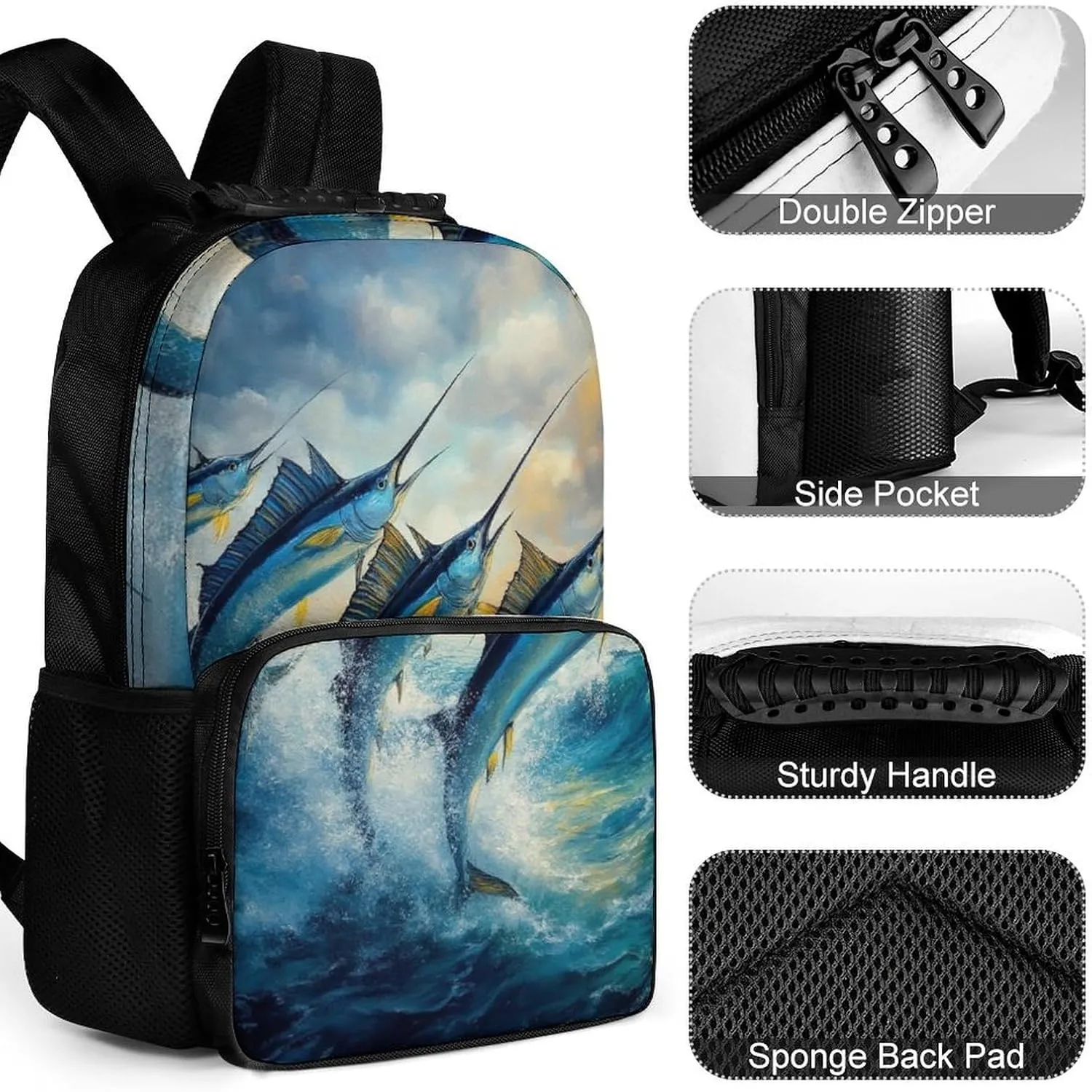 Supdreamc Men Women Polyester Whimsical Fish Painting Daypack Backpack Large Capacity Carry On Bag With Smooth Zippers for Hiking Picnic Walking Cycling