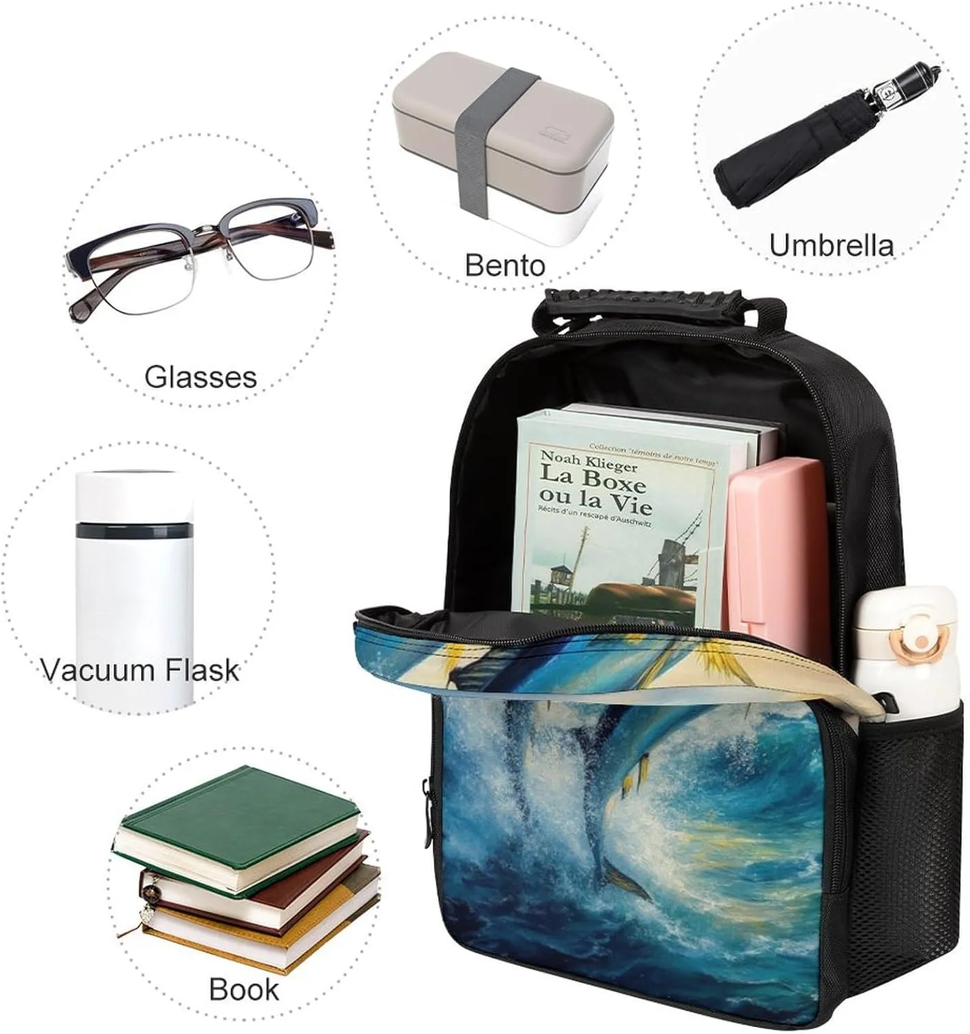 Supdreamc Men Women Polyester Whimsical Fish Painting Daypack Backpack Large Capacity Carry On Bag With Smooth Zippers for Hiking Picnic Walking Cycling