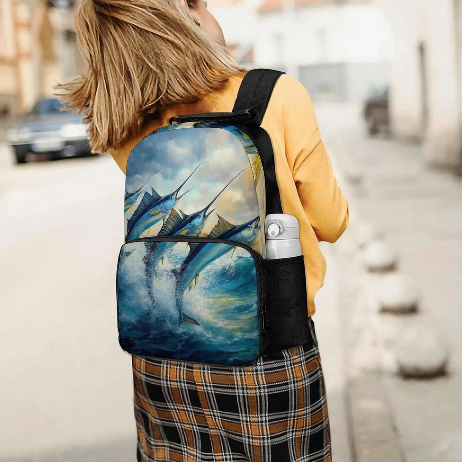 Supdreamc Men Women Polyester Whimsical Fish Painting Daypack Backpack Large Capacity Carry On Bag With Smooth Zippers for Hiking Picnic Walking Cycling