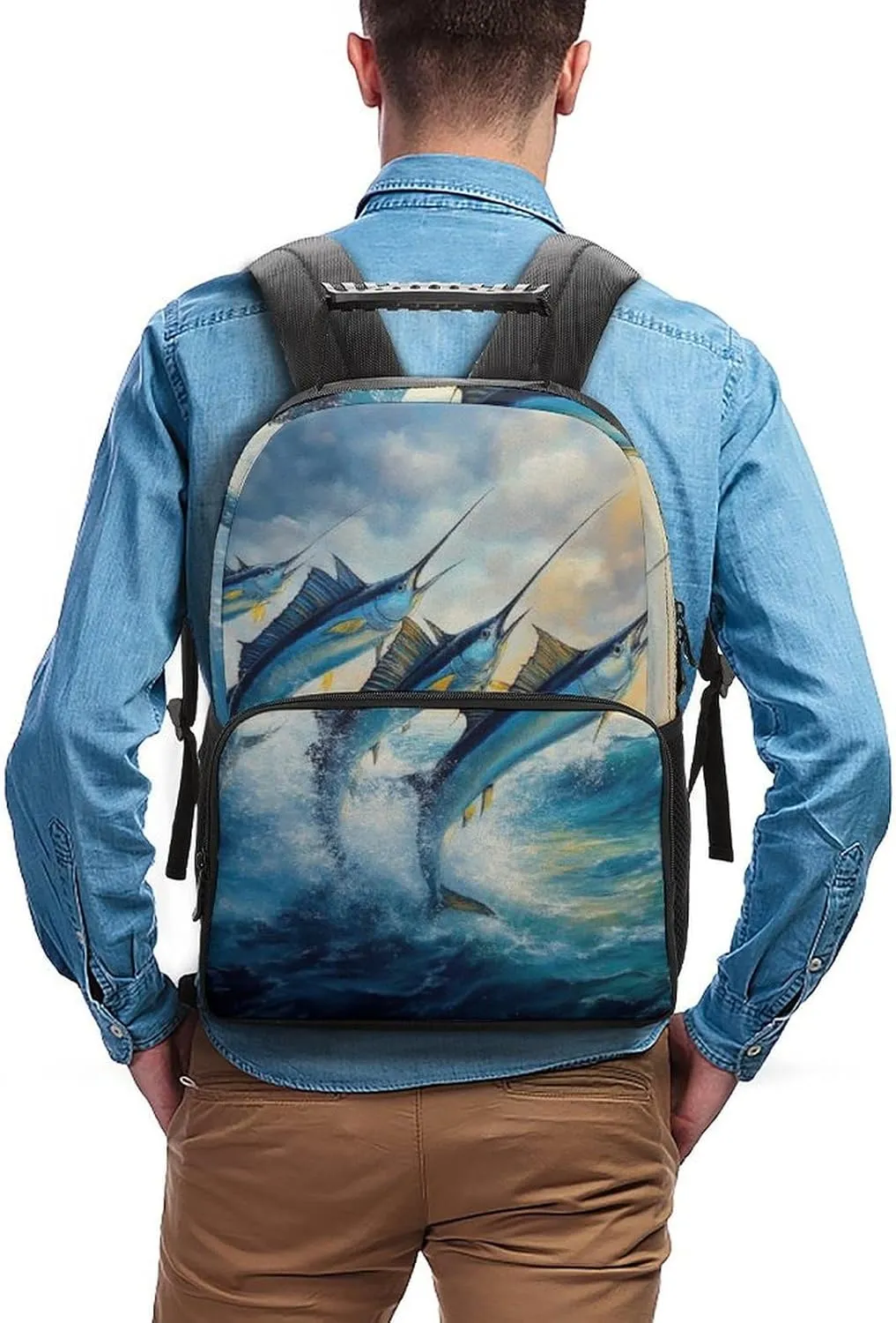 Supdreamc Men Women Polyester Whimsical Fish Painting Daypack Backpack Large Capacity Carry On Bag With Smooth Zippers for Hiking Picnic Walking Cycling