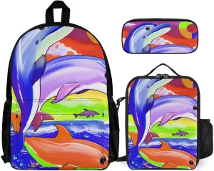 Supdreamc Polyester Colorful Dolphins Art Backpack Mens Backpack   Lunch Bag   Pencil Case Book Bag, One Size