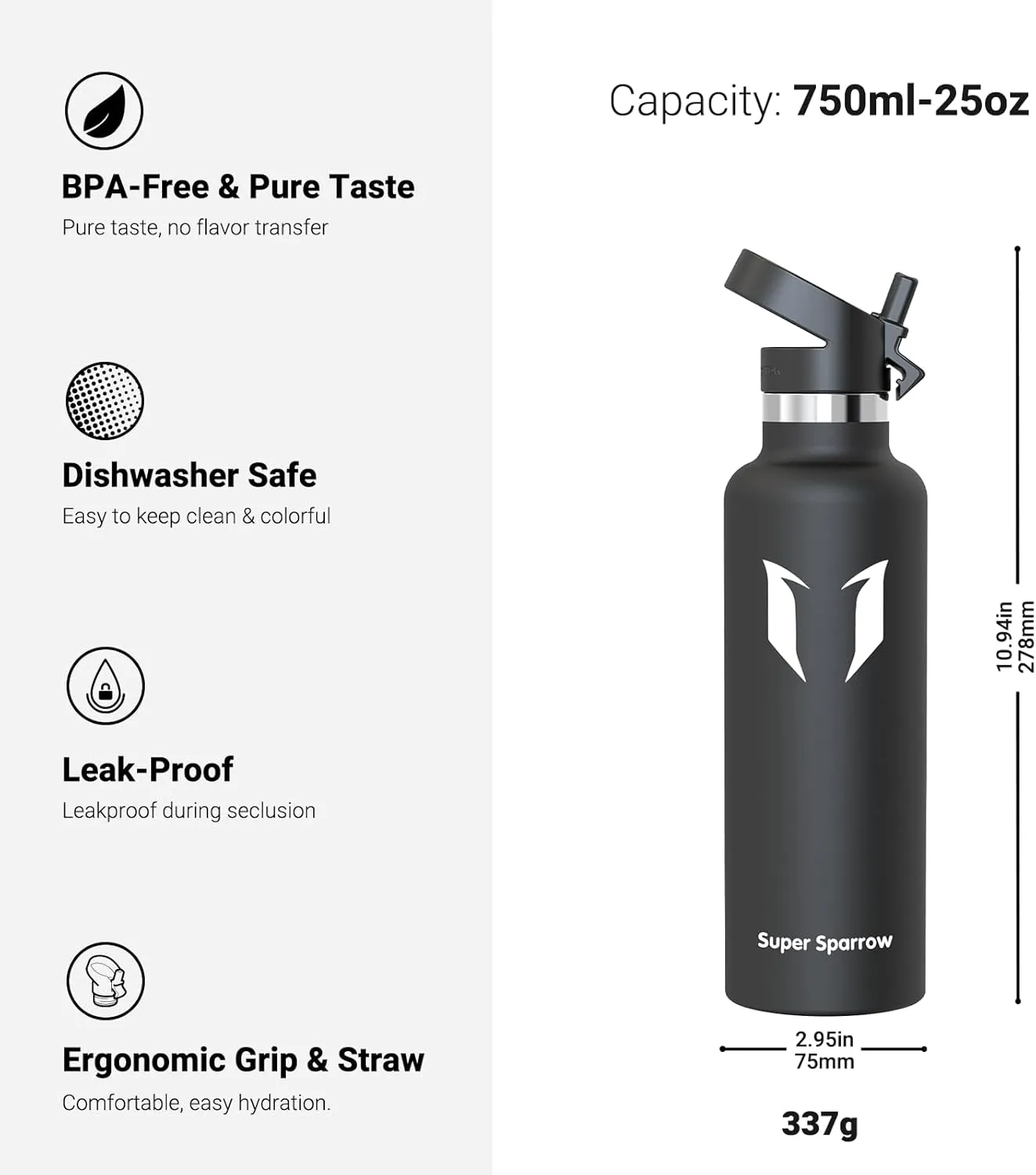 Super Sparrow Water Bottle Insulated - 17 Oz / 25 Oz / 32 Oz - Standard Mouth FlipFlow Flask - BPA Free, Leak Proof Drink Bottle- Ergonomic Straw Water Bottle for Work, Gym, Travel, Sports, Outdoor