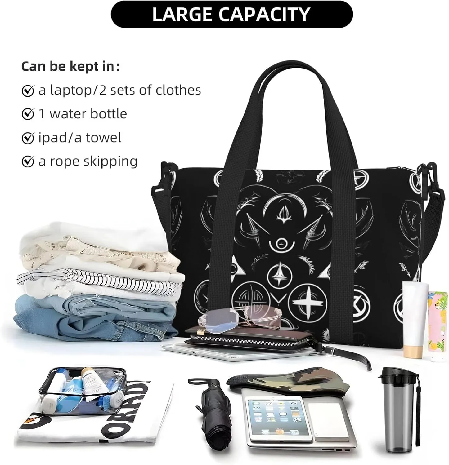 Supernatural Symbols Black Small Duffel Bag Foldable Travel Bag Weekender Bag Overnight Gym Hospital Bags For Women&Men
