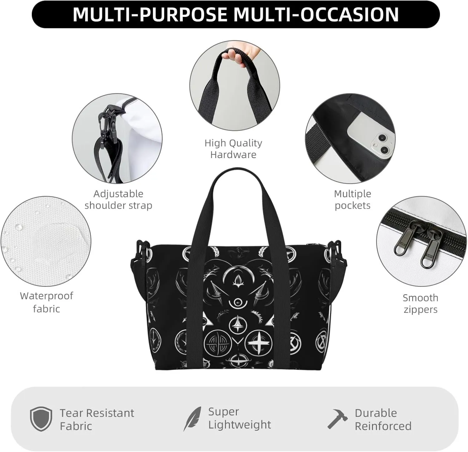 Supernatural Symbols Black Small Duffel Bag Foldable Travel Bag Weekender Bag Overnight Gym Hospital Bags For Women&Men