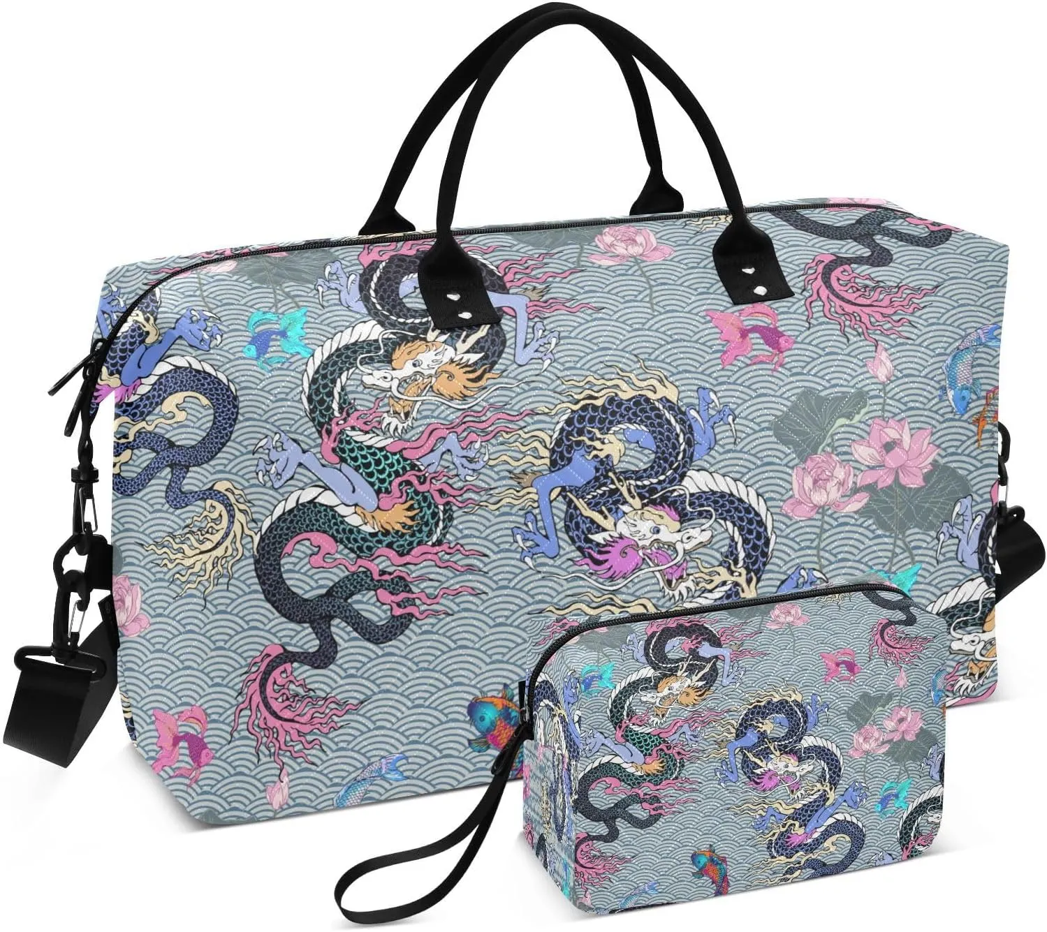 susiyo Asian Dragon and Flowers Expandable Travel Duffle Bag, Large Weekender Overnight Bags and Adjustable Strap, Carry On Shoulder Tote Bag, Gym Duffel Bag with Toiletry Bags for Hospital