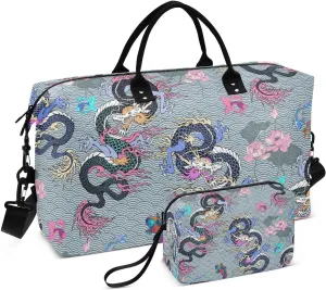 susiyo Asian Dragon and Flowers Expandable Travel Duffle Bag, Large Weekender Overnight Bags and Adjustable Strap, Carry On Shoulder Tote Bag, Gym Duffel Bag with Toiletry Bags for Hospital