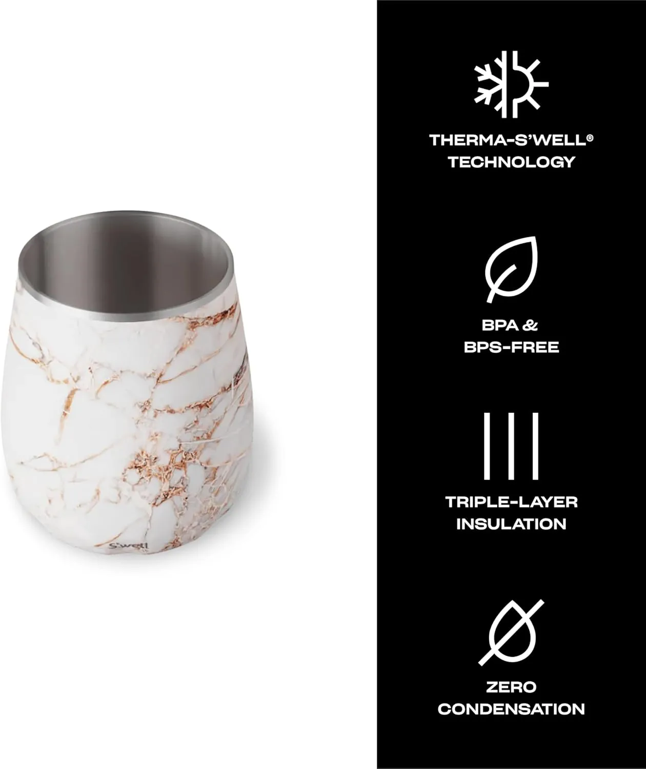 S'well Stainless Steel Wine Tumbler, 9oz, Calacatta Gold, Triple Layered Vacuum Insulated Container Keeps Drinks Colder for Longer, BPA Free Barware