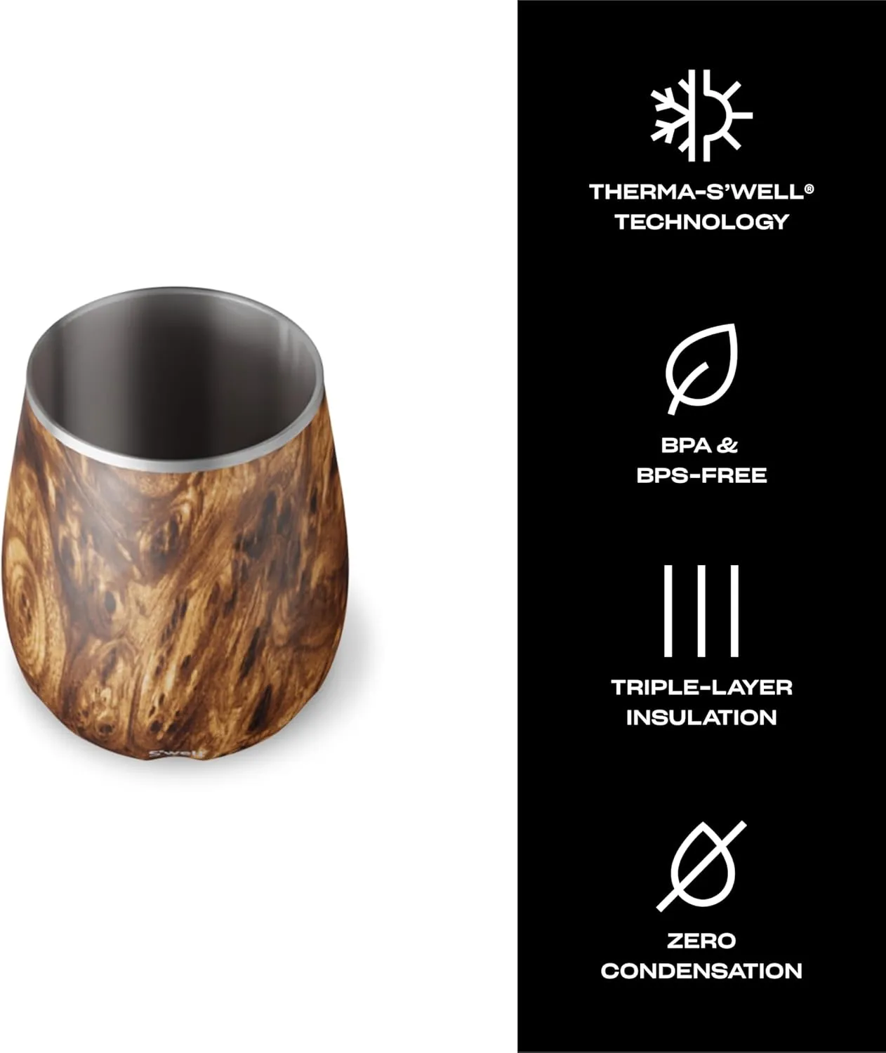 S'well Stainless Steel Wine Tumbler, 9oz, Teakwood, Triple Layered Vacuum Insulated Container Keeps Drinks Colder for Longer, BPA Free Barware