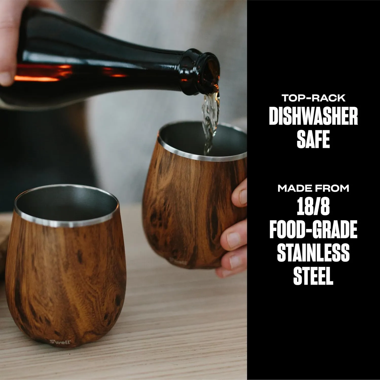 S'well Stainless Steel Wine Tumbler, 9oz, Teakwood, Triple Layered Vacuum Insulated Container Keeps Drinks Colder for Longer, BPA Free Barware