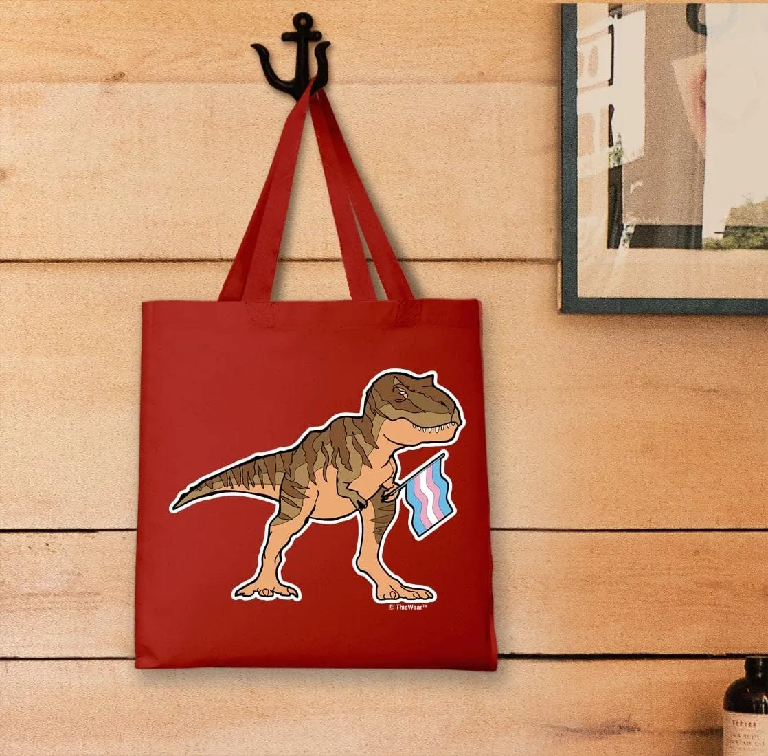 T-Rex With Trans Flag Canvas Tote Bag