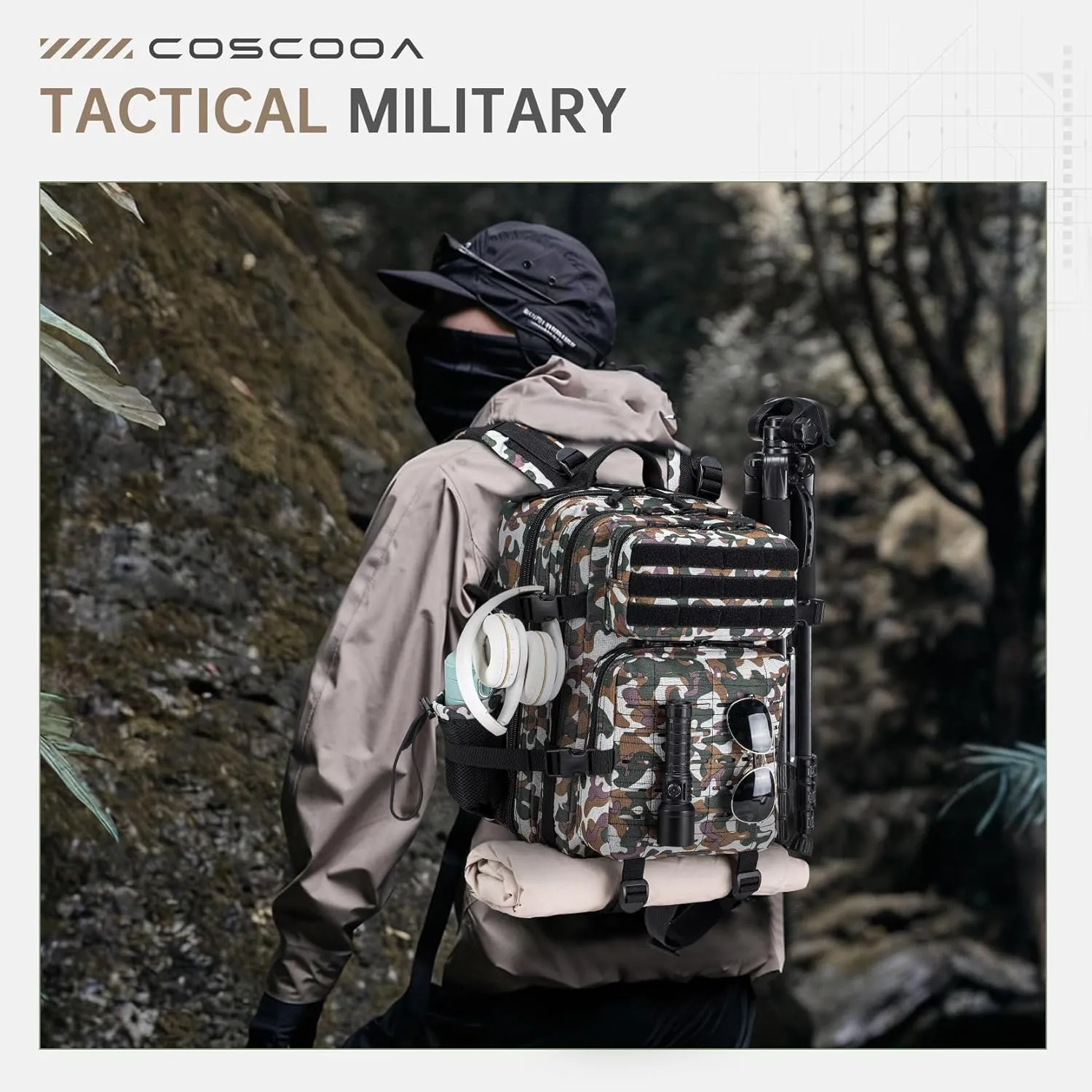 Tactical Military Backpack for Man, 25L Waterproof Army Assault Pack Rucksack Hiking Laptop Backpack 3 Day Bug Out Bag, Includes Two Flags and Two Carabiner